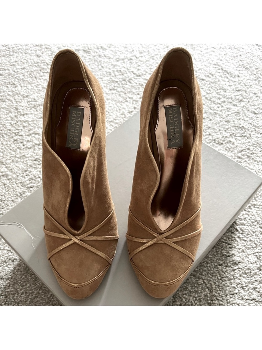 Badgley Mischka Tan Suede Sculpted V-Cut Stiletto Booties - Picture 2 of 6